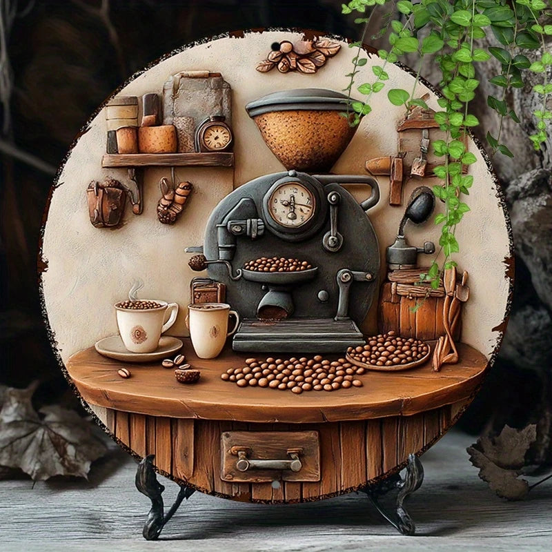 Rustic Wooden Coffee Sign – Round Hanging Décor, 8"
