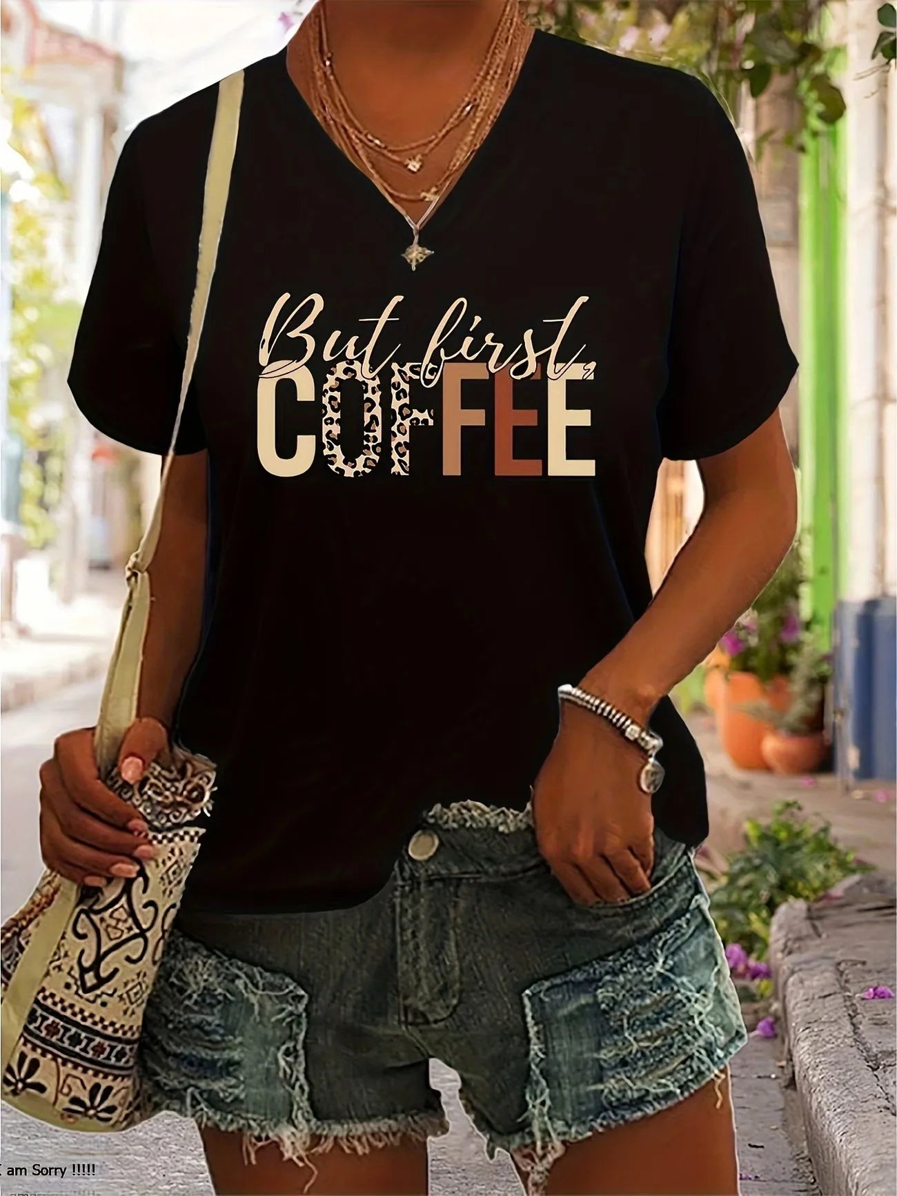 "But First, Coffee" V-Neck Tee – Women's Casual Vintage Style
